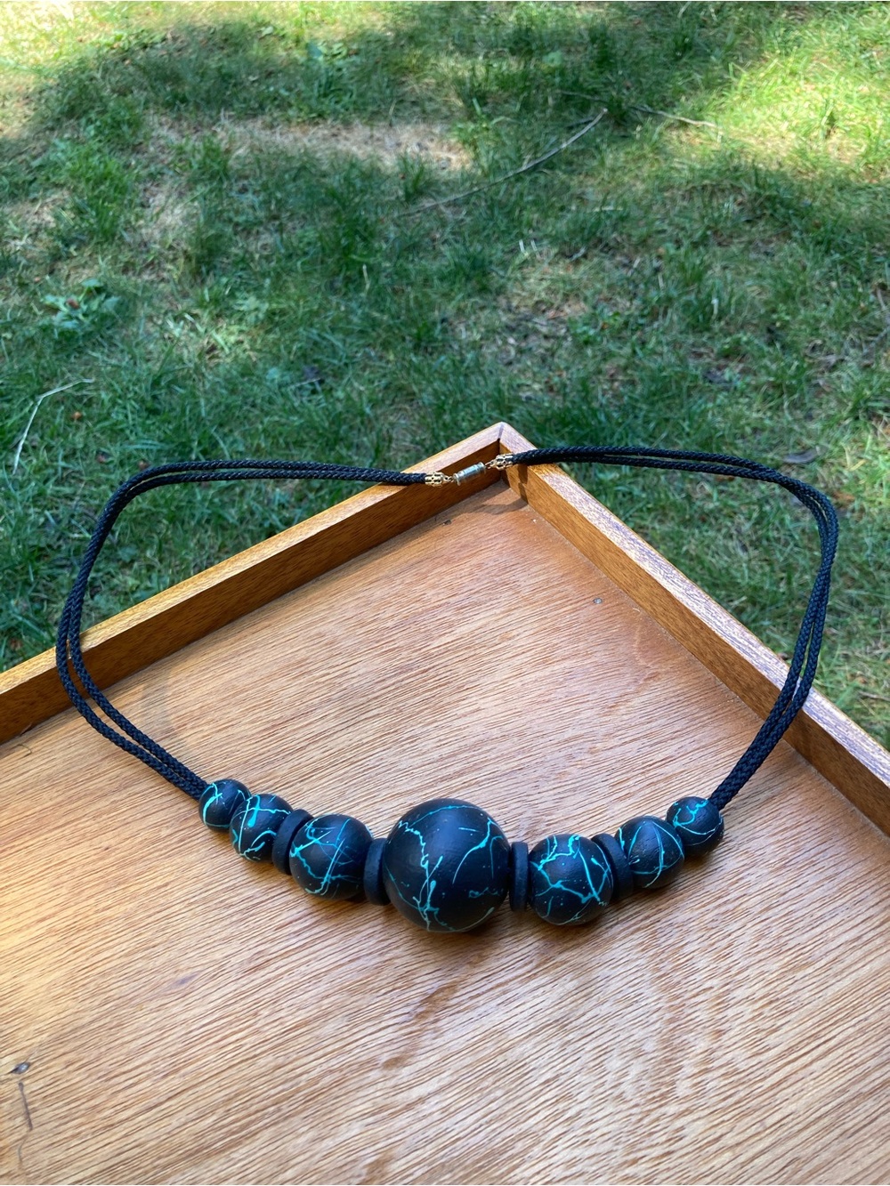 Black and Teal Statement Beaded Necklace - Women's Fashion Jewelry